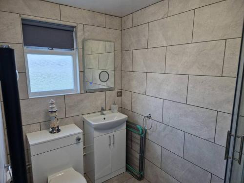 a bathroom with a toilet and a sink and a mirror at Burgh Castle in Belton