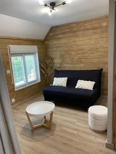 - un salon avec un canapé noir et une fenêtre dans l'établissement Le Nid du Cygne, à Houlle