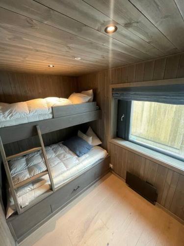 ヘムセダールにあるFjellnest Hemsedalの小さなお部屋で、二段ベッド2組が備わります。