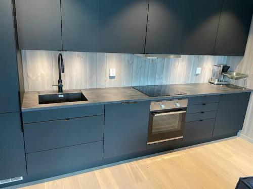 a blue kitchen with a sink and a stove at Fjellnest Hemsedal in Hemsedal