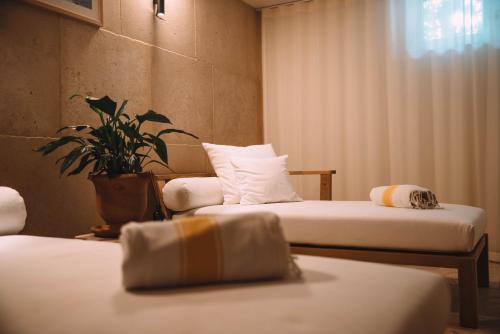 a room with two beds and a potted plant at Hôtel Hemen in Saint-Palais-sur-Mer