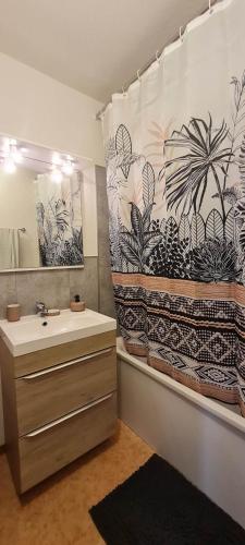 une salle de bain avec un lavabo et un rideau de douche dans l'établissement Appartement 2 chambres piscine, au Le Verdon-sur-Mer