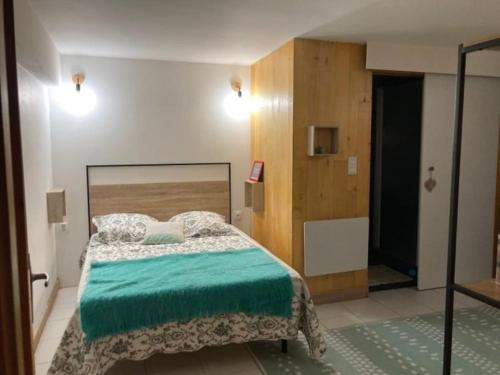 a bedroom with a bed with a green blanket at Superbe Appartement au calme de 1 à 3 personnes in Sarlat-la-Canéda