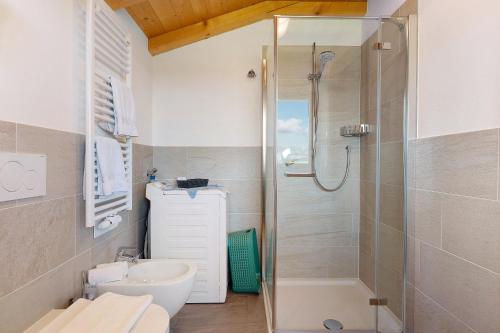 ein Bad mit einer Dusche, einem WC und einem Waschbecken in der Unterkunft Schererhof Abendrot in Kastelruth