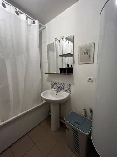 une salle de bain blanche avec un lavabo et une douche dans l'établissement Grand T4 à 150m de la Plage, à Le Portel