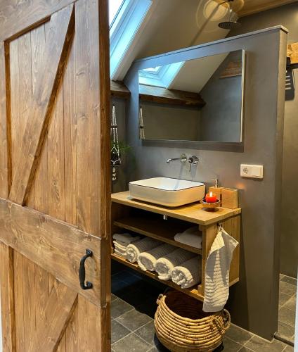 a bathroom with a sink and a wooden door at Luxe appartement Droom in de polder -DE SALON- met prive-sauna in Arnemuiden