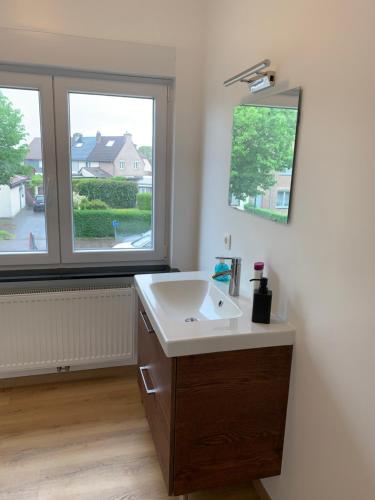 a bathroom with a sink and two windows at Orange Dolce in Zaventem