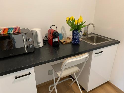 a kitchen counter with a microwave and a vase of flowers at Orange Dolce in Zaventem