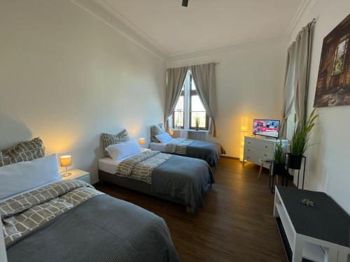 een hotelkamer met 2 bedden en een televisie bij Charmante Wohnung am Neckar in Bad Wimpfen