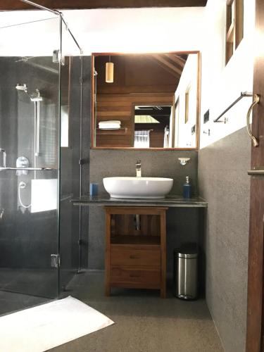 La salle de bains est pourvue d'un lavabo et d'une douche. dans l'établissement Big Tree Cottages, à Beadonābād