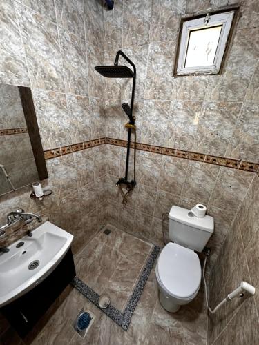 a bathroom with a toilet and a sink at Petra Dad Farm (PDF) in Umm Şawwānah