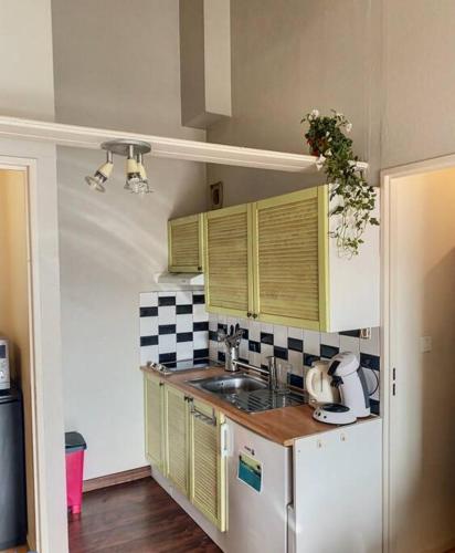 uma cozinha com um lavatório e uma bancada em Le Matabiau - Confortable T1bis proche gare em Toulouse