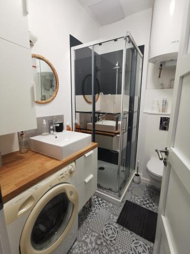 une salle de bain avec douche et lavabo et une machine à laver dans l'établissement Les chants du crépuscule, à Granville