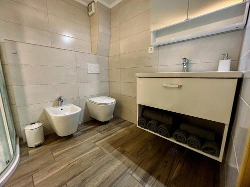 a bathroom with a sink and a toilet at Apartment Neli in Rečica ob Savinji