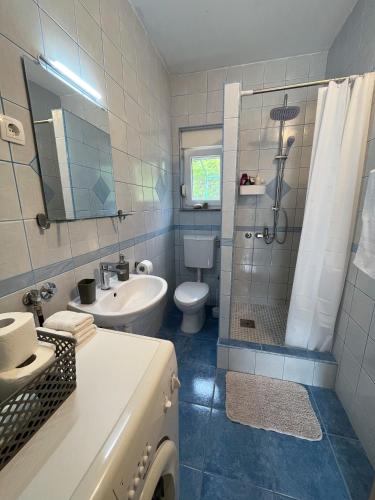 a bathroom with a sink and a toilet and a shower at Kuća za odmor Bebić, Kremena in Klek