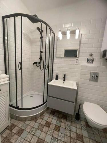 uma casa de banho com um chuveiro, um WC e um lavatório. em Geri Mini Home em Zalaegerszeg
