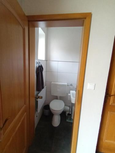 a small bathroom with a toilet and a door at Ferienhaus 1893 Frielendorf in Frielendorf