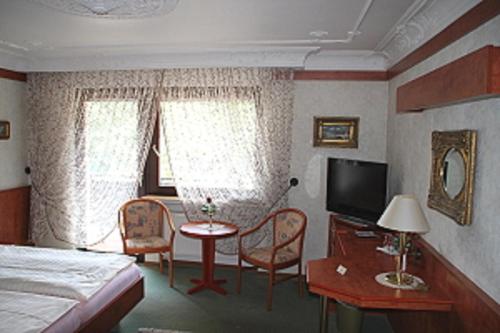 een slaapkamer met een bed, een bureau en een televisie bij Hotel Kempenhof in Lügde