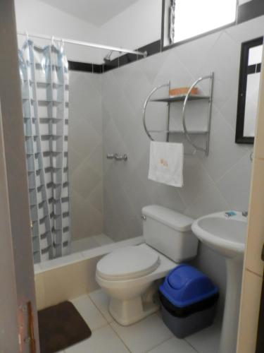 un baño con inodoro y lavabo en La Posada del Conde Lodge, en Cabanaconde