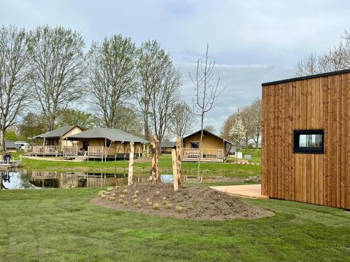 a house with a tree in front of a pond at Tiny House in Kesteren