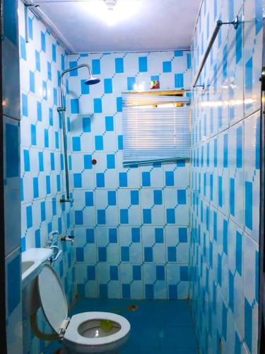 La salle de bains est pourvue de carrelage bleu, de toilettes et d'un lavabo. dans l'établissement Triple Dee Shortlet Apartments, Omole phase 1, Lagos, à Lagos