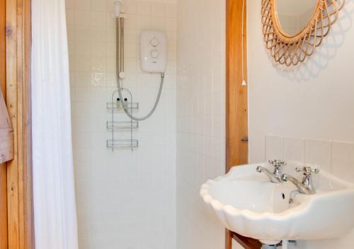 uma casa de banho com um lavatório e um chuveiro em Corner Barn em North Burlingham