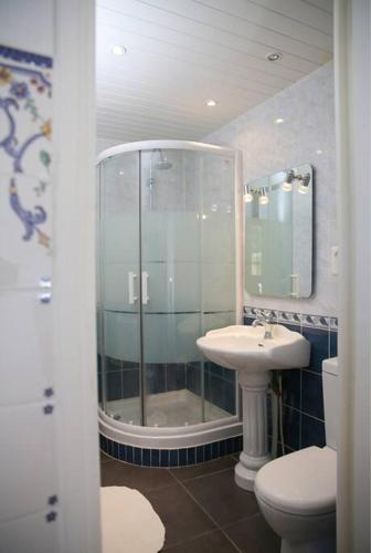 une salle de bain avec une douche, un lavabo et des toilettes dans l'établissement Beautiful downtown house, à Argelès-sur-Mer
