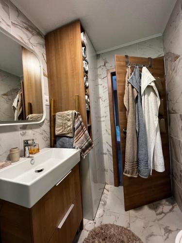 uma casa de banho com um lavatório e um espelho em Villa Karigador, Umag- Karigador, Istria em Karigador