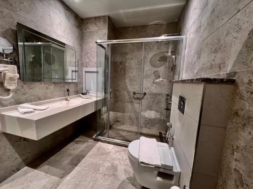 a bathroom with a shower and a toilet and a sink at Reggenza Hotel Downtown Ramallah in Ramallah