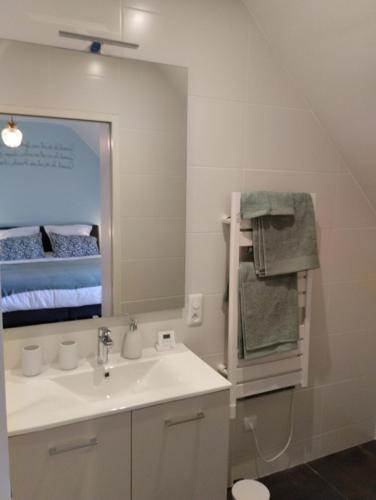 La salle de bains est pourvue d'un lavabo et d'un miroir avec un lit. dans l'établissement Le temps d'un séjour en Bretagne Chambres d'hôtes, à Nivillac