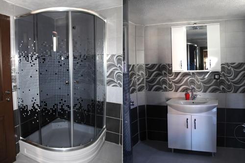 two pictures of a bathroom with a shower and a sink at KALYOPİ TAŞ BUTİK OTEL in Gokceada Town