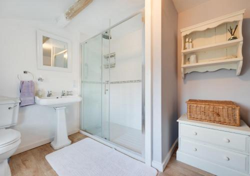 a bathroom with a shower and a toilet and a sink at 3 Pond Cottages 