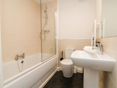 een badkamer met een wastafel, een toilet en een douche bij 122 The Old Meadow in Shrewsbury