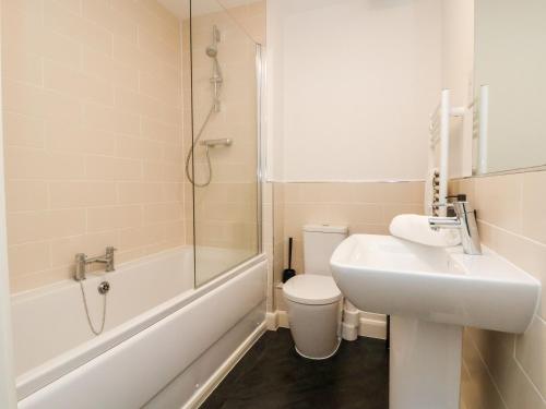 Un baño con lavabo, inodoro y ducha. en 122 The Old Meadow, en Shrewsbury