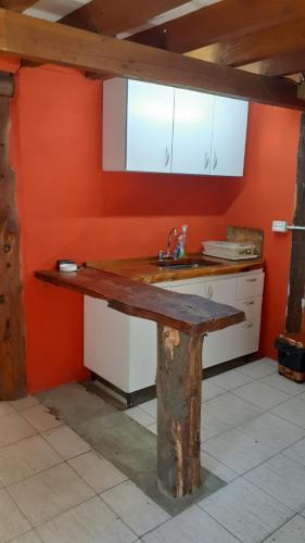 a kitchen with a wooden table and a sink at Cabaña km 12,7 in San Carlos de Bariloche