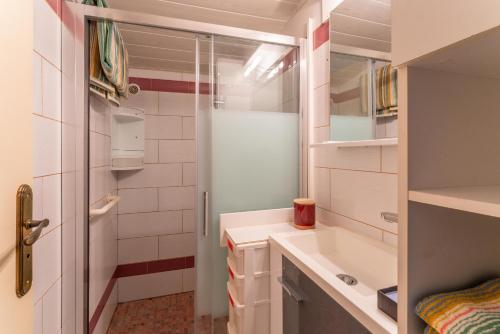 ein kleines Bad mit einem Waschbecken und einer Dusche in der Unterkunft Clos des Fontaines- Chalet in Venasque