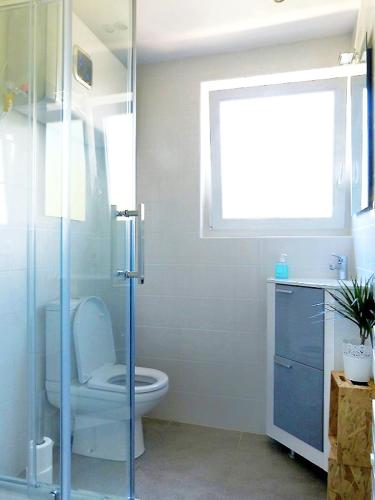 une salle de bain avec toilettes et douche en verre dans l'établissement Appartement premium en bord de mer, à Palavas-les-Flots