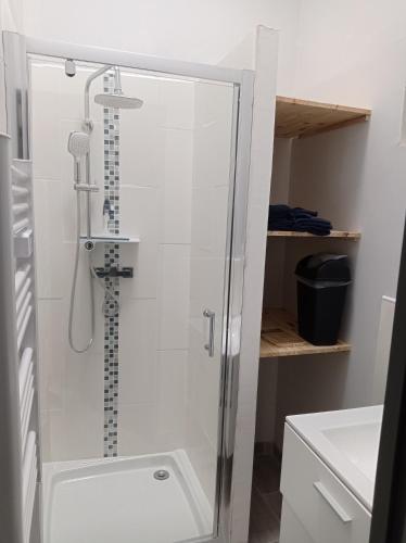 La salle de bains est pourvue d'une douche avec une porte en verre. dans l'établissement Maison sud Vendée, à LʼAiguillon-sur-Mer