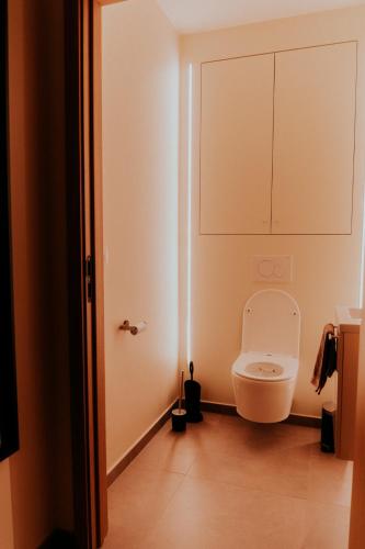 a bathroom with a toilet in the corner of a room at Luxe Vakantiewoning De Veldhoek in Wingene
