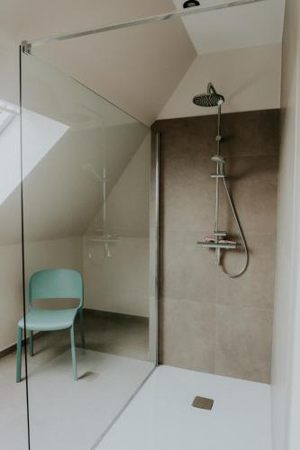 a bathroom with a shower and a blue chair at Luxe Vakantiewoning De Veldhoek in Wingene