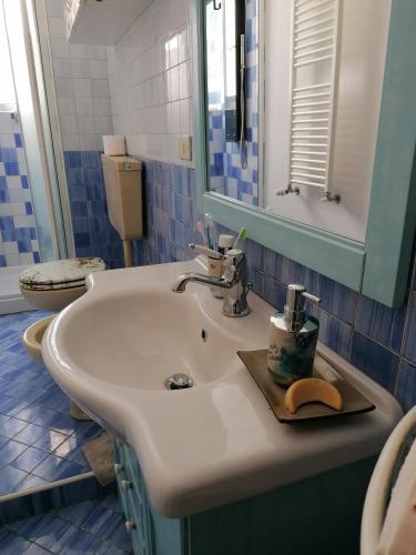 ein Bad mit einem Waschbecken und einem Spiegel in der Unterkunft La volpe gialla in Savona