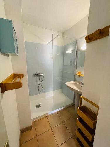 une salle de bain avec douche et lavabo dans l'établissement Appartement Sainte Marie la mer 66470, à Sainte-Marie-la-Mer