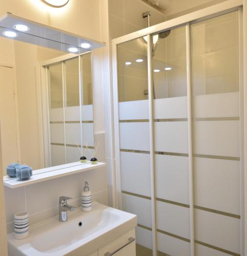 une salle de bain avec un lavabo et un miroir dans l'établissement Balcons du port - Capbreton - A proximite immédiate du port de plaisance, studio en rez de chaussée avec cour dans résidence, à Capbreton