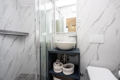 La salle de bains est pourvue d'un lavabo et d'une douche en verre. dans l'établissement Apartments Kala, à Crikvenica