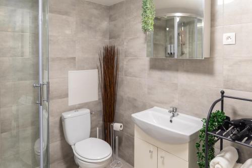 La salle de bains est pourvue de toilettes, d'un lavabo et d'un miroir. dans l'établissement Le Nordik Proche Roissy CDG - Paris - Astérix, à Dammartin-en-Goële