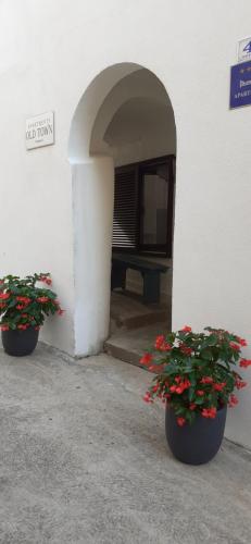 two pots of red flowers sitting outside of a building at Old Town Baska in Baška