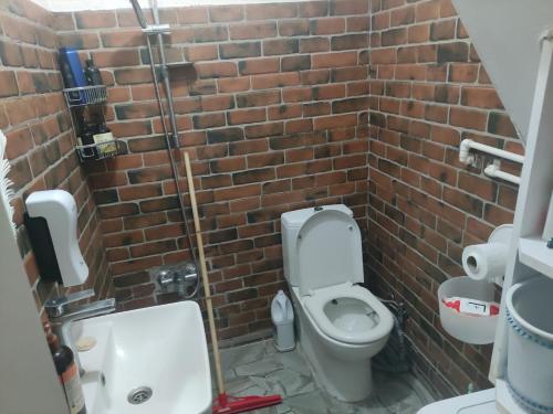 ceglana łazienka z toaletą i umywalką w obiekcie Golden Paws Guesthouse w mieście Çatalca