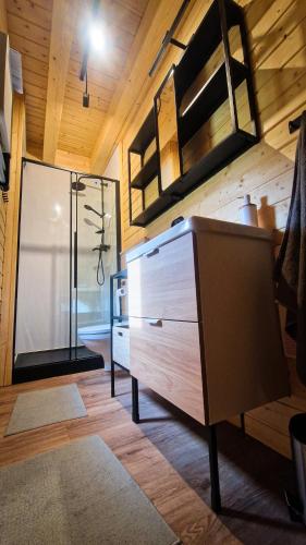 a bedroom with a large dresser and a glass shower at Ostoja Leśniewo in Srokowo