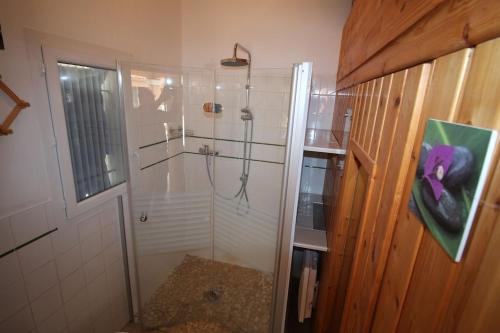 une douche avec une porte vitrée dans une salle de bain dans l'établissement Gîte Les Hauts Sauviers avec piscine et sauna, à Bédoin