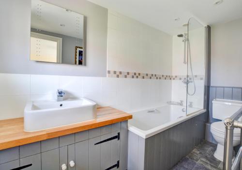 a bathroom with a sink and a shower and a toilet at Cuckoo Cottage in Blakeney